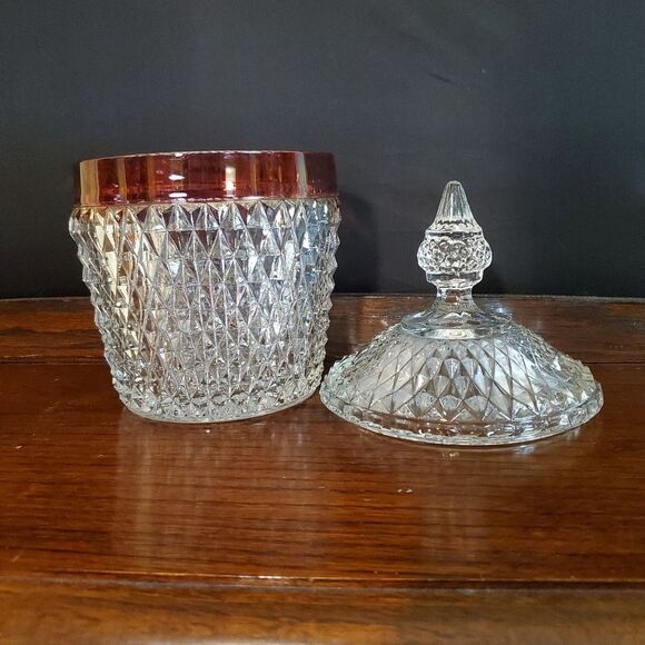Vintage Diamond Point Clear with Ruby Rim Band Ice Bucket Indiana Glass - Picture 2 of 7